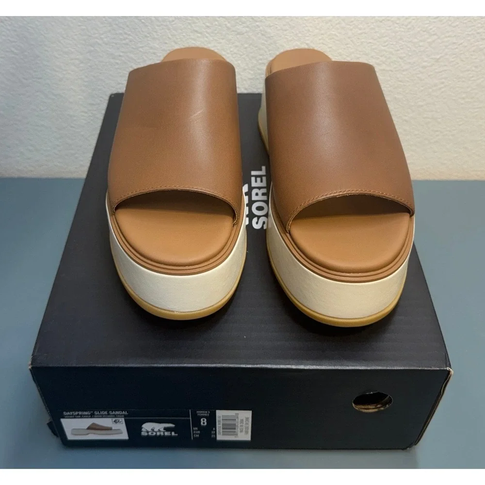 Sorel Dayspring Slide Sandal‎ Velvet Tan Chalk Leather Platform Mules Womens 8